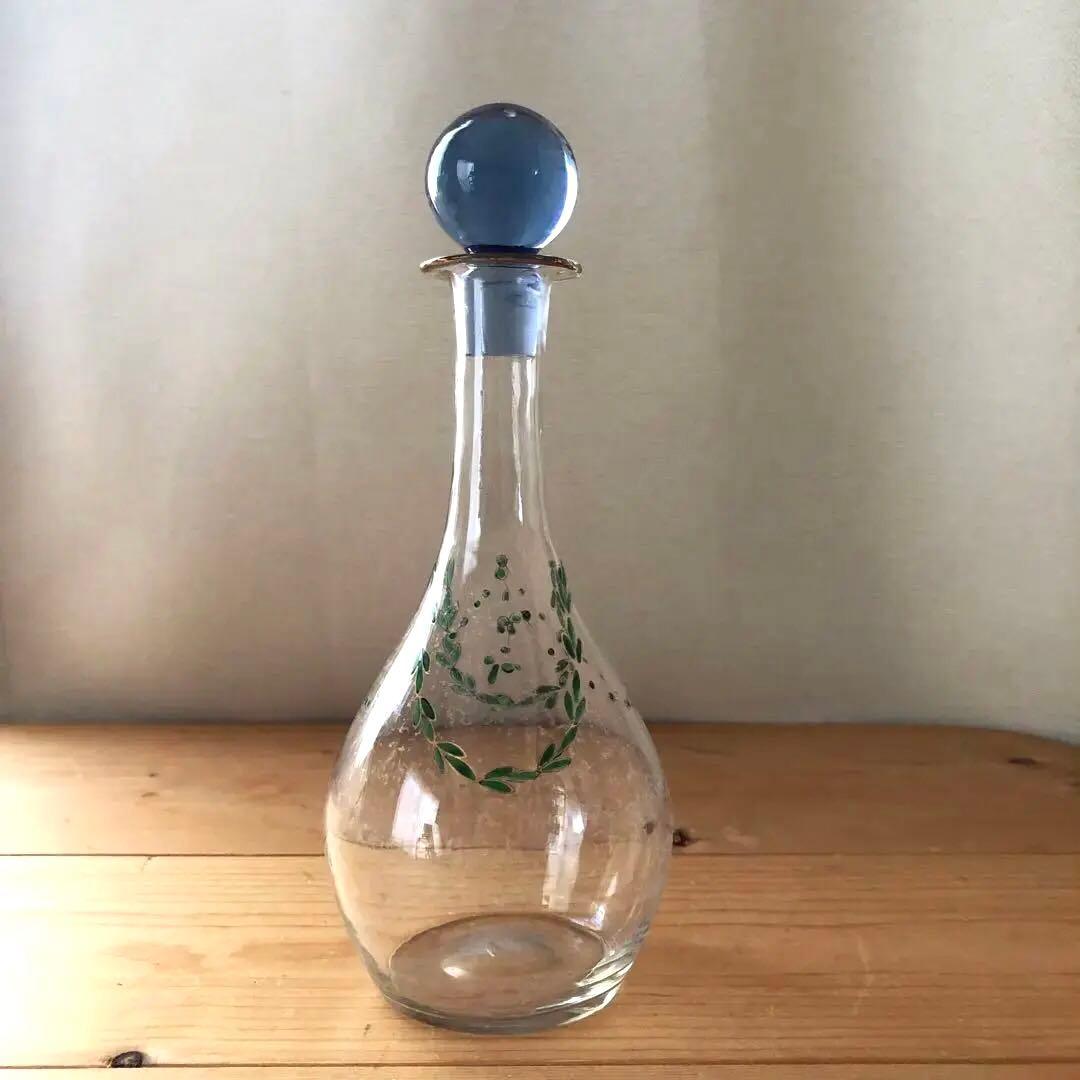 古いデカンタ　ガラス瓶　植物柄　フランス　アンティーク　デキャンタ　no.154