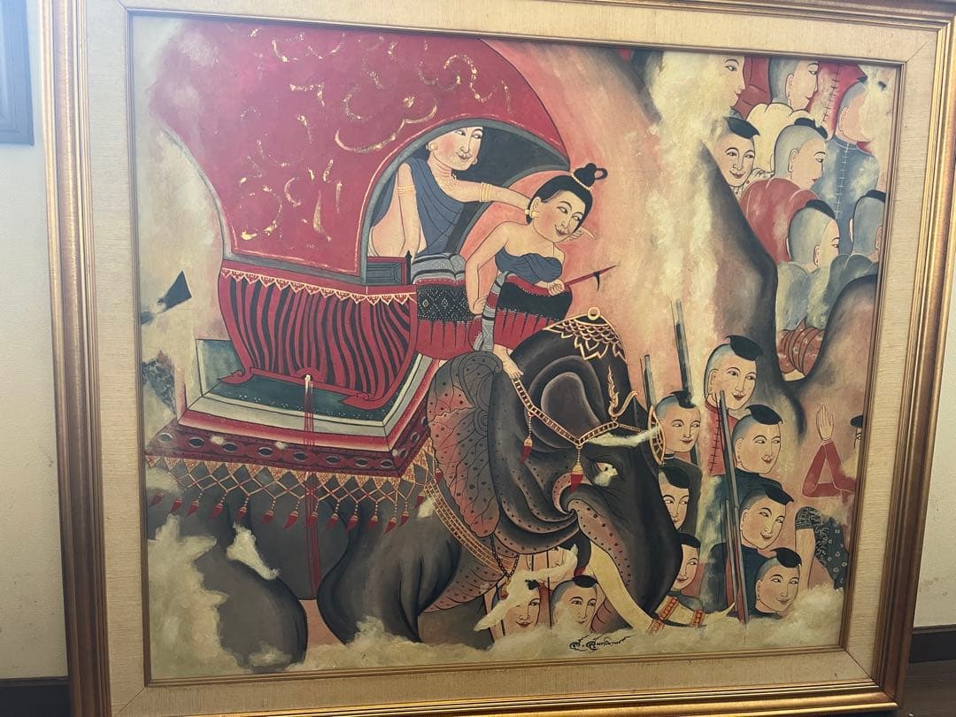 日本画 象と人々 金色フレーム付き