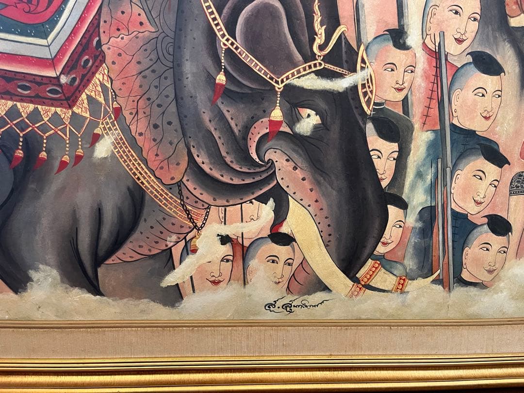 日本画 象と人々 金色フレーム付き