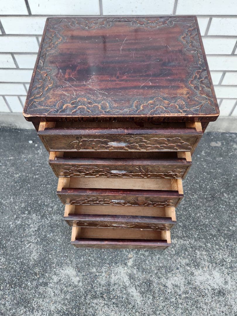 軽井沢彫　5段引出し　チェスト　桜