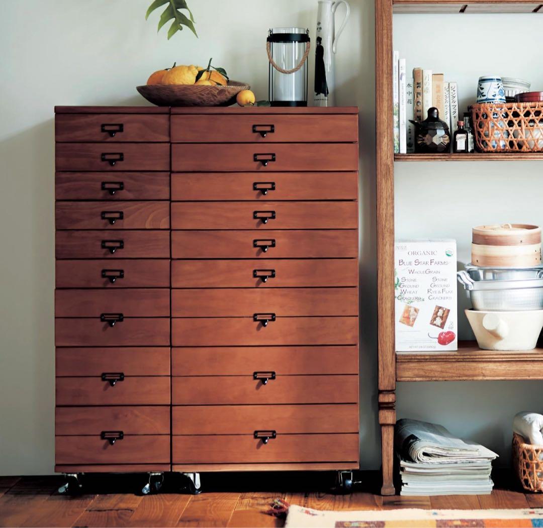 キャスター付きヴィンテージ調多段チェスト　幅47.5