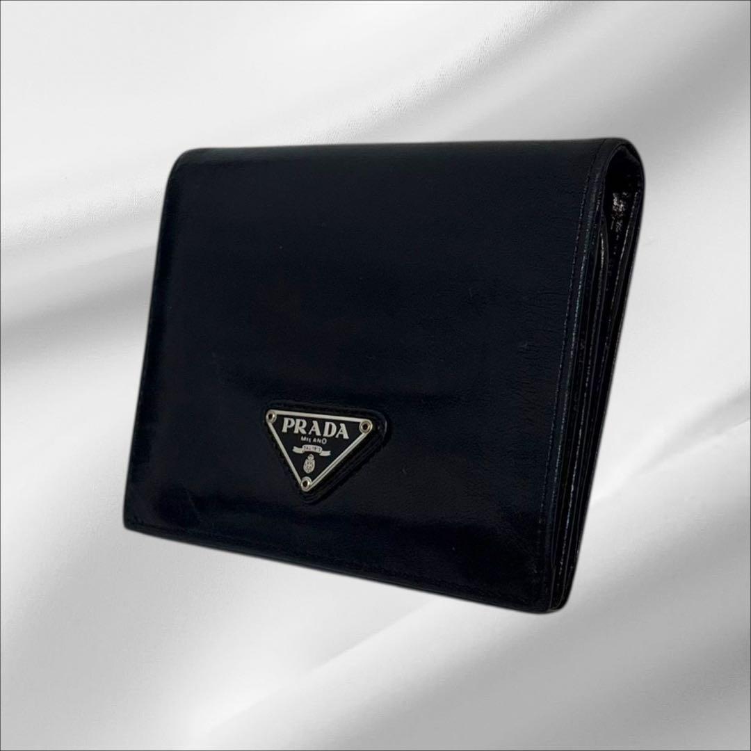美品✨ PRADA プラダ 二つ折り財布 オールレザー ブラック ブラック