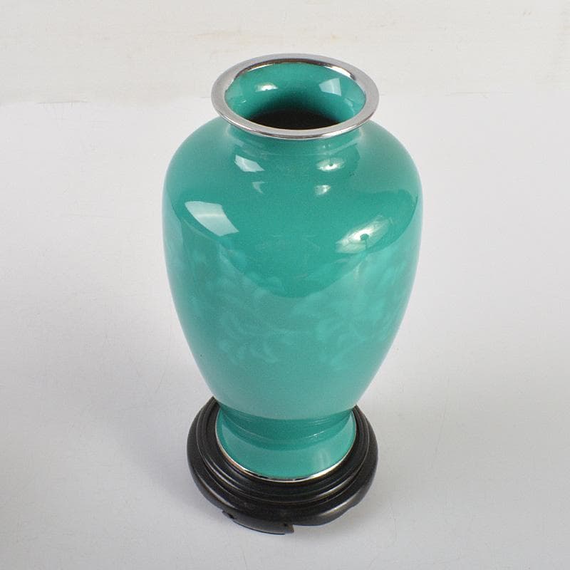 七宝焼　翡翠釉　牡丹文　花瓶　唐木台付　時代箱　C　6690