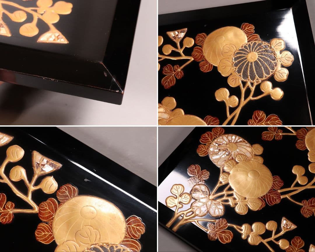 専用 MA24 時代木製漆器 光琳蒔絵 五段重 重台 菊蝶金銀蒔絵 螺鈿 黒塗