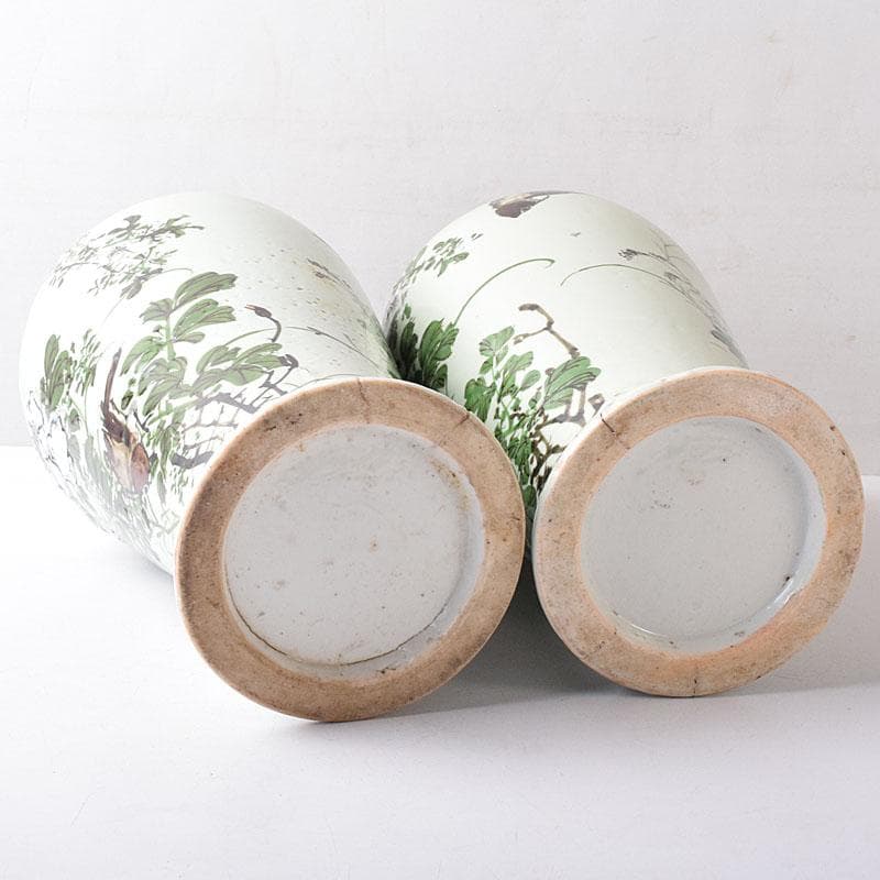 瀬戸焼　古瀬戸　青磁色絵花鳥文瓶　一対　J　R8751H