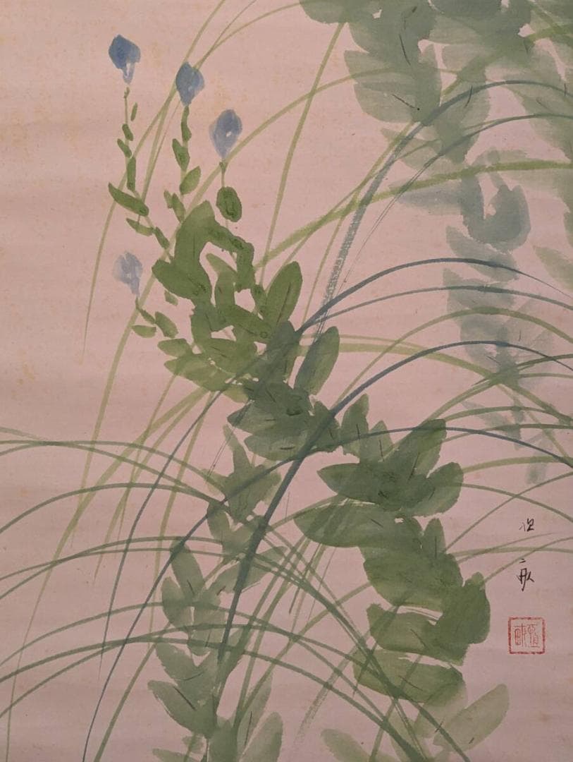 【真作】掛軸　秋草の美　繊細な桔梗と草　季節の彩り　和の風情を描く　Q172
