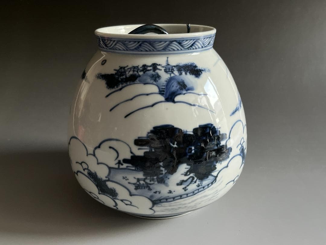 膳所焼　染付　近江八景の繪　芋頭水指　久田宗也　尋牛斎書付　茶道具　表千家