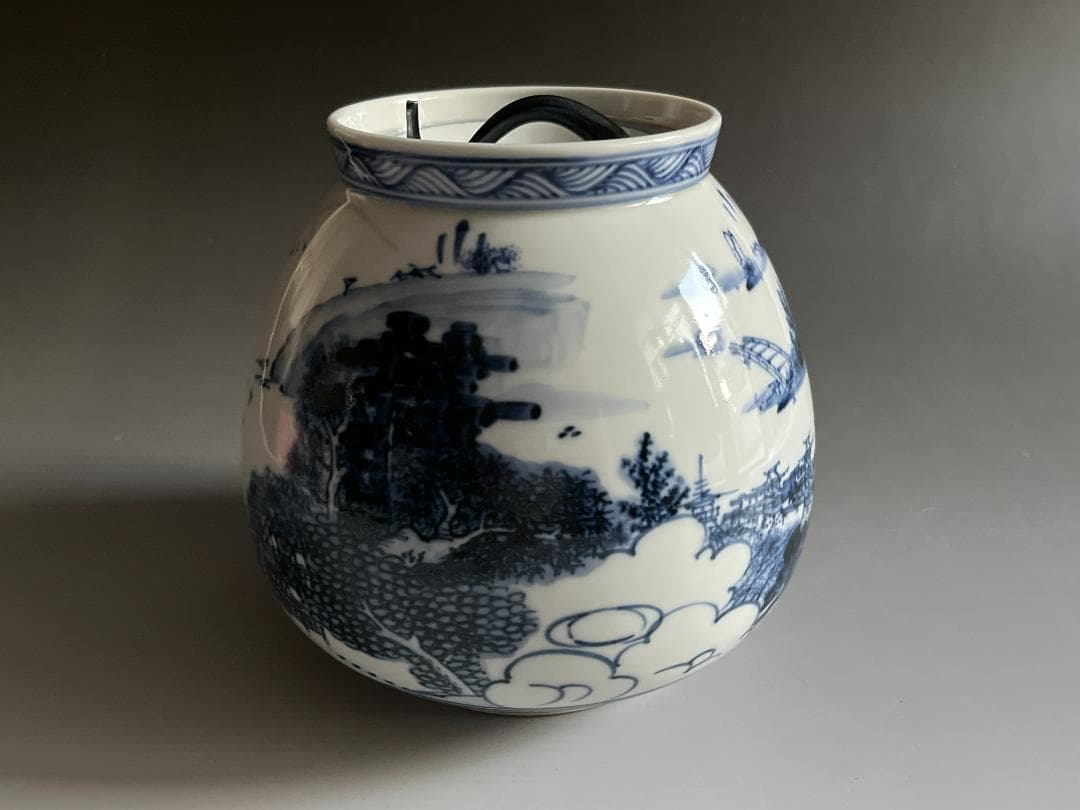 膳所焼　染付　近江八景の繪　芋頭水指　久田宗也　尋牛斎書付　茶道具　表千家