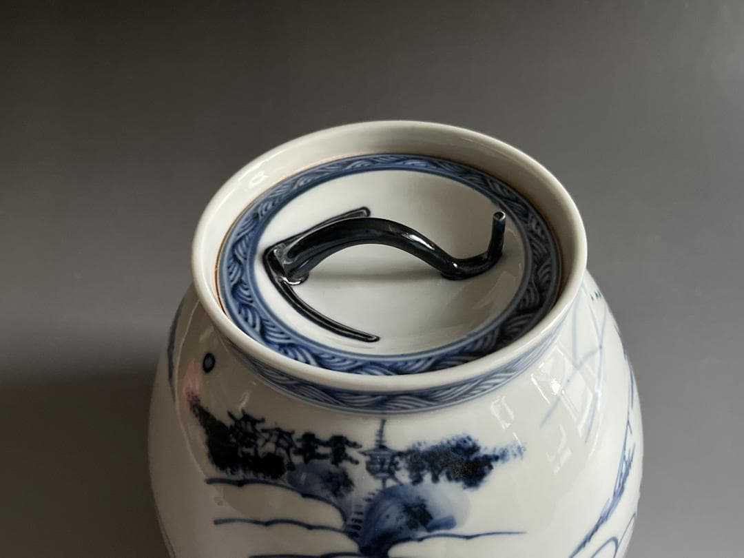 膳所焼　染付　近江八景の繪　芋頭水指　久田宗也　尋牛斎書付　茶道具　表千家