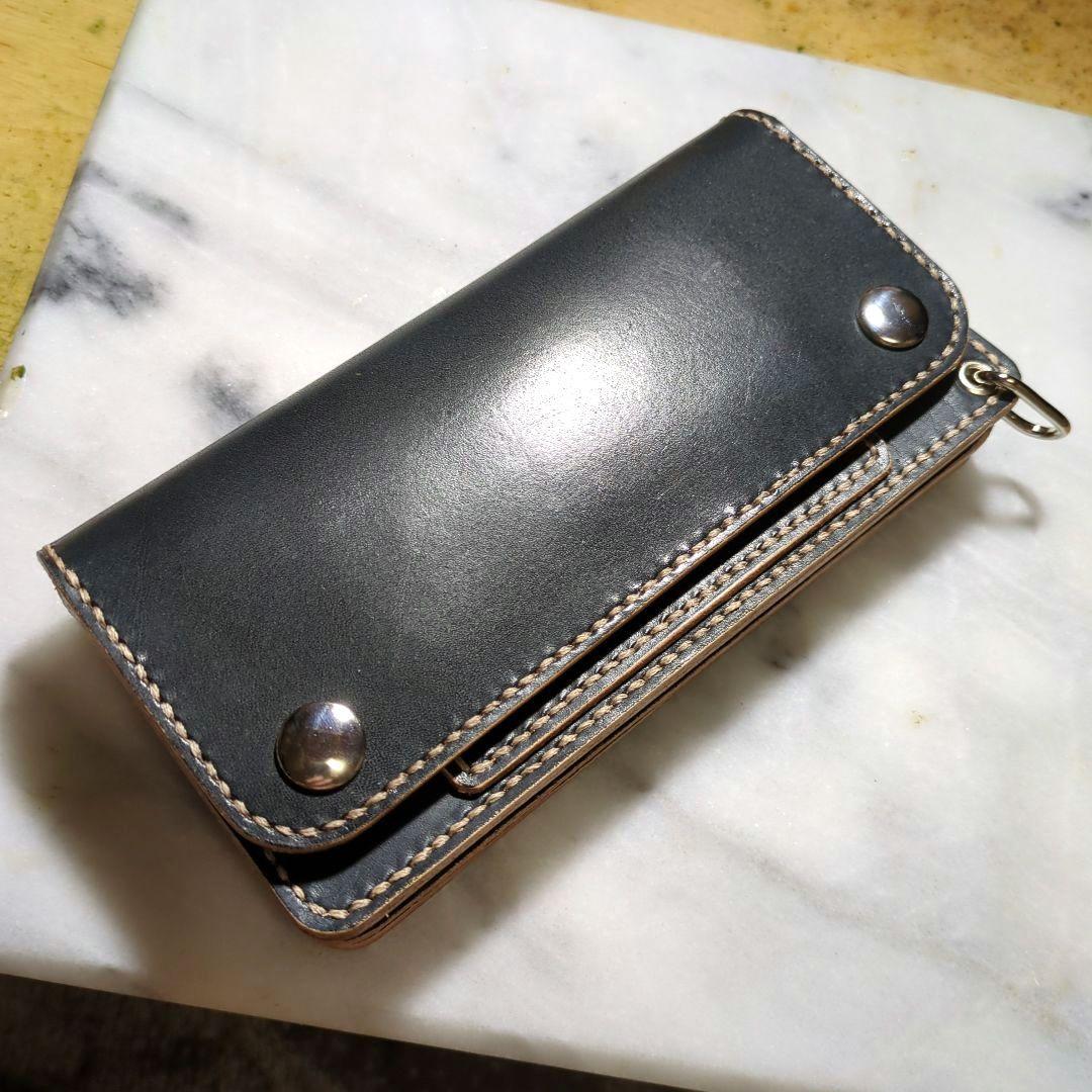 姫路ヌメ革 ハンドメイド トラッカーウォレット 長財布 ロングウォレット 黒