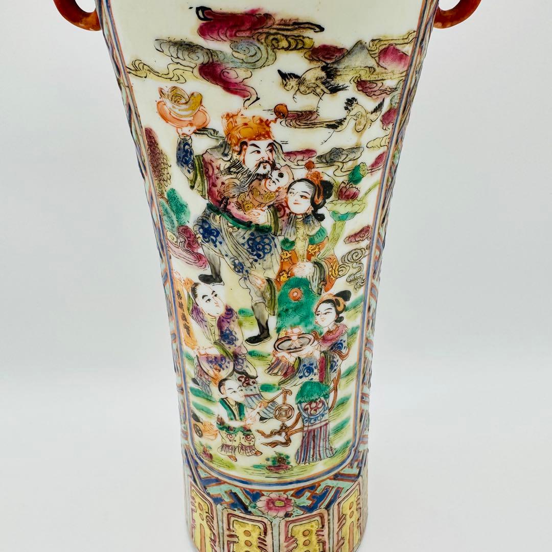 【中国　大清嘉慶年製　粉彩唐美人図象耳花瓶】骨董　アンティーク　時代箱