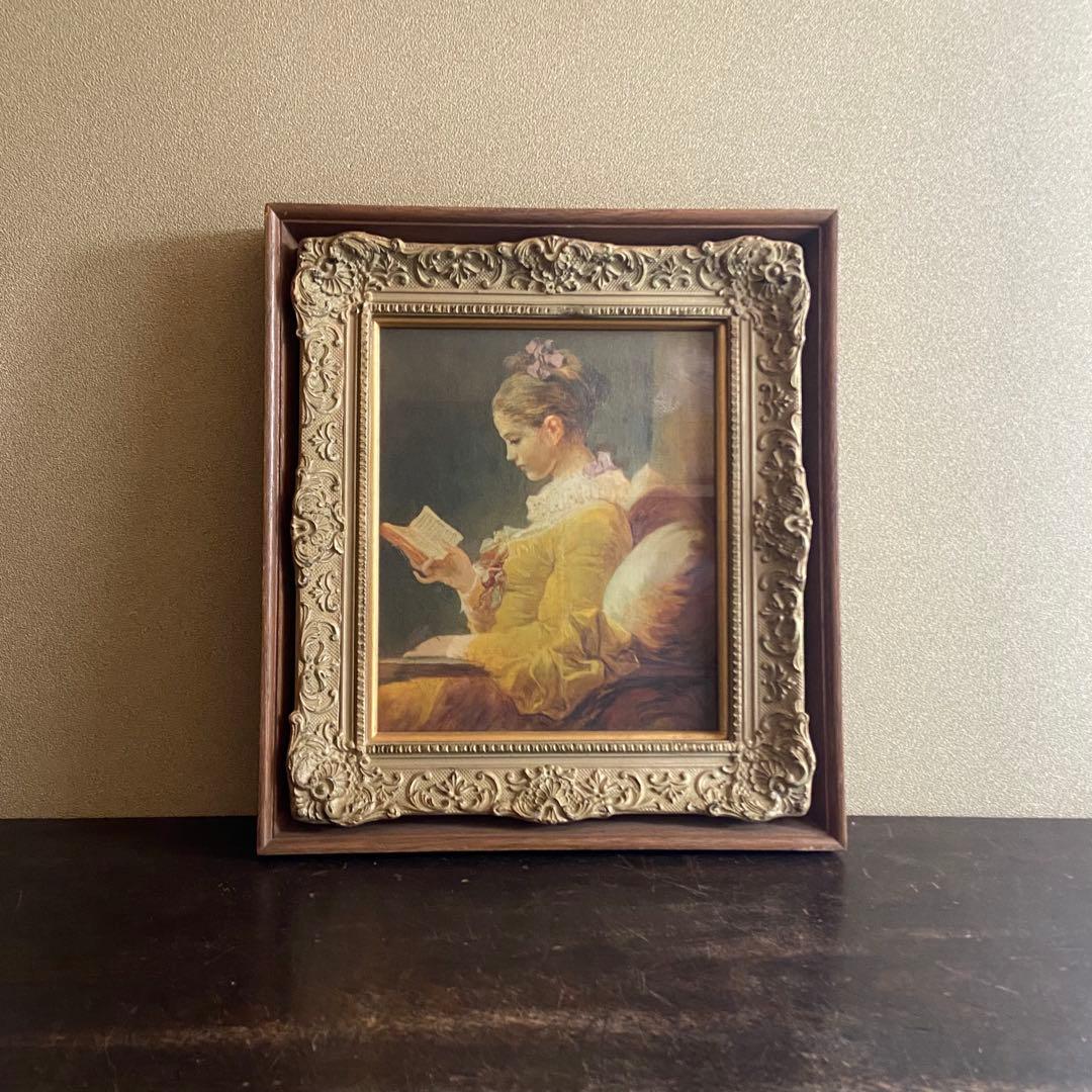 アンティーク　絵画　フラゴナール　読書する娘　　油絵　額付
