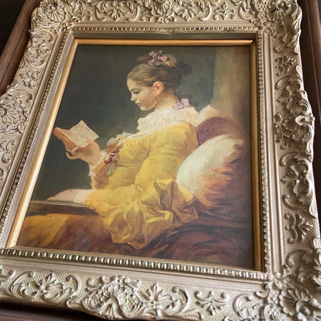 アンティーク　絵画　フラゴナール　読書する娘　　油絵　額付