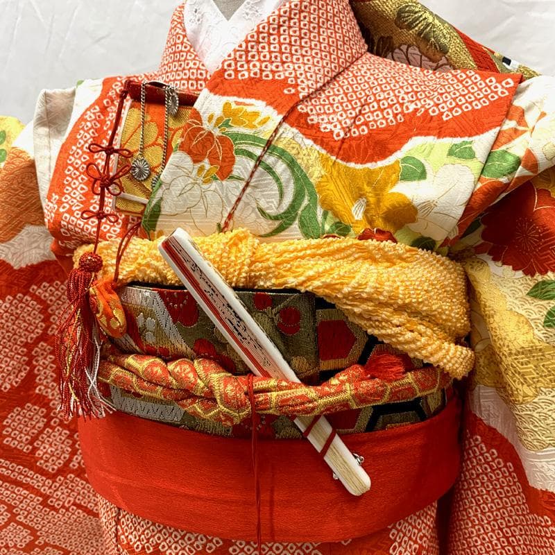 510aj16,帯揚げ,帯締め,しごき□女児 着物&袋帯 絞染め□状態良好