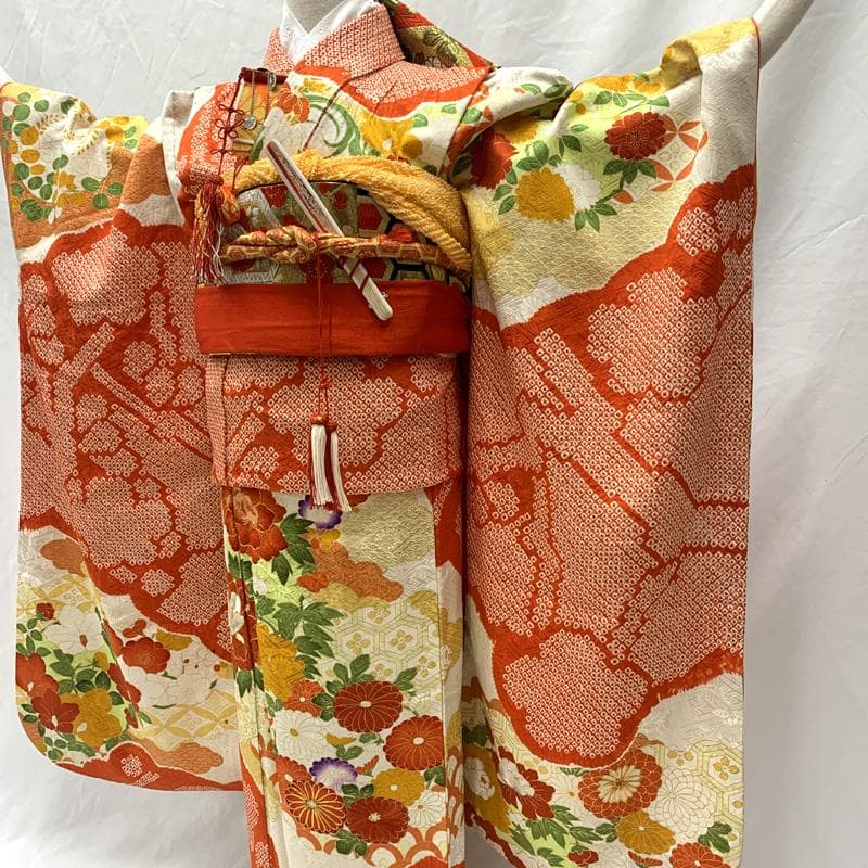 510aj16,帯揚げ,帯締め,しごき□女児 着物&袋帯 絞染め□状態良好