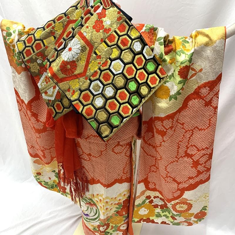 510aj16,帯揚げ,帯締め,しごき□女児 着物&袋帯 絞染め□状態良好