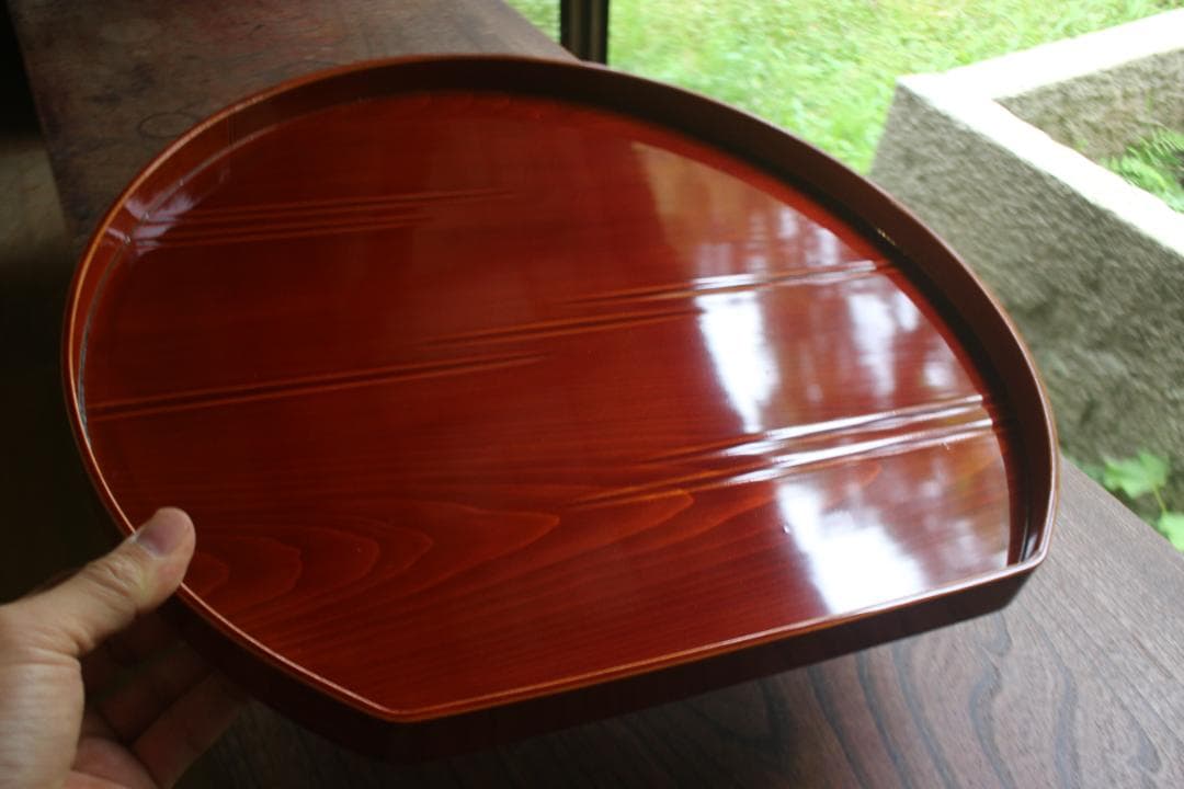 専用！優美な拭き漆の映える春慶塗の半月盆4点（検漆器漆盆茶道具お盆お膳