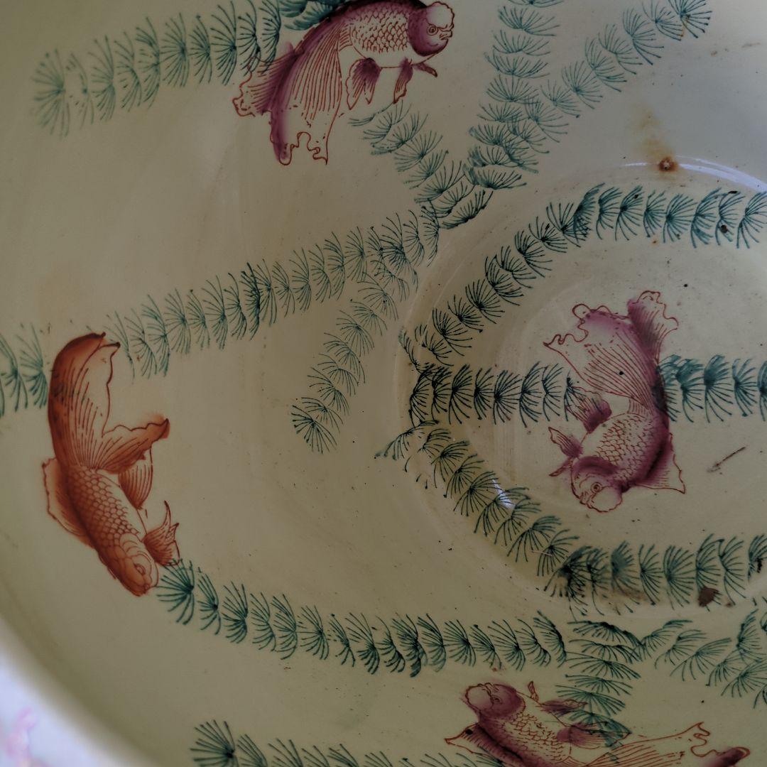 骨董 睡蓮鉢 水鉢 金魚 めだか 色絵 鉢 鉢カバー テーブル アンティーク