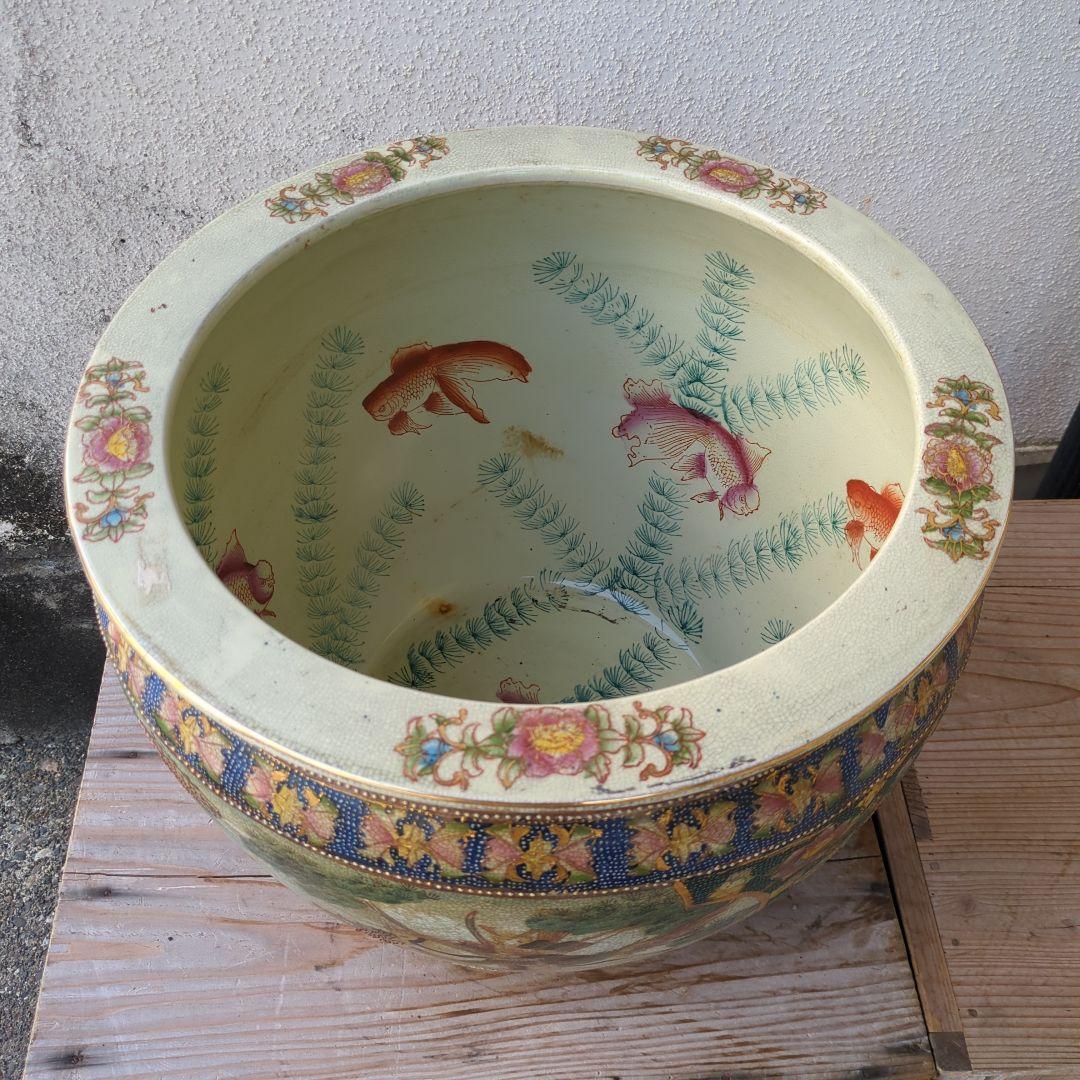 骨董 睡蓮鉢 水鉢 金魚 めだか 色絵 鉢 鉢カバー テーブル アンティーク