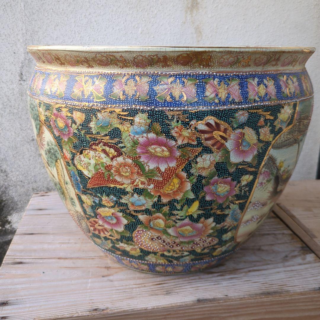 骨董 睡蓮鉢 水鉢 金魚 めだか 色絵 鉢 鉢カバー テーブル アンティーク