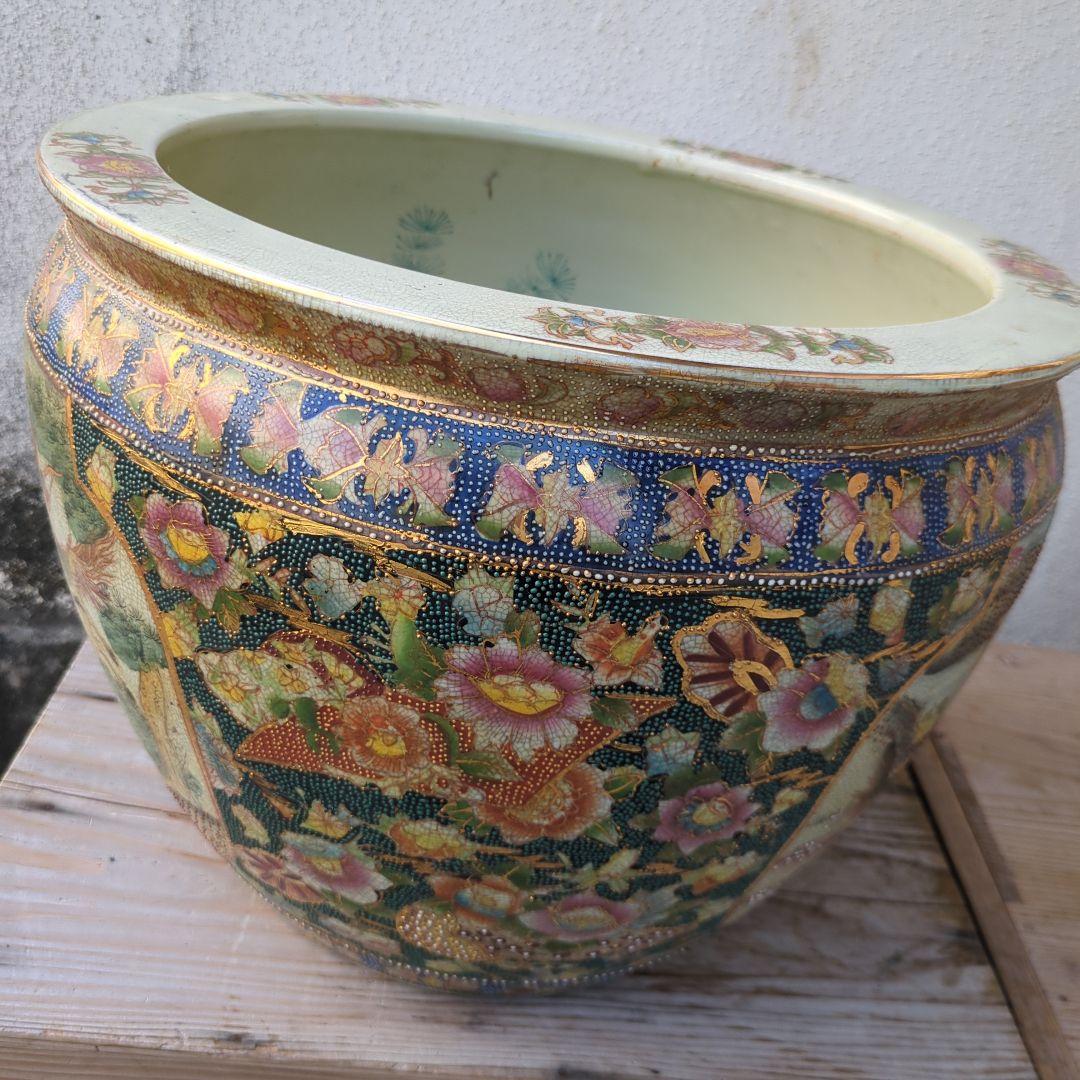 骨董 睡蓮鉢 水鉢 金魚 めだか 色絵 鉢 鉢カバー テーブル アンティーク