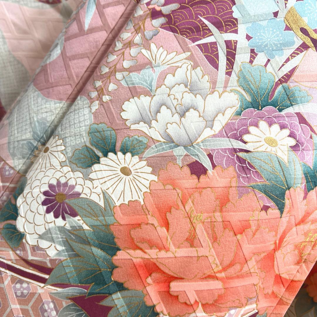 481 振袖フルセット 正絹 薄ピンク 薄桃 金彩 華やか 御所車 藤 牡丹 梅