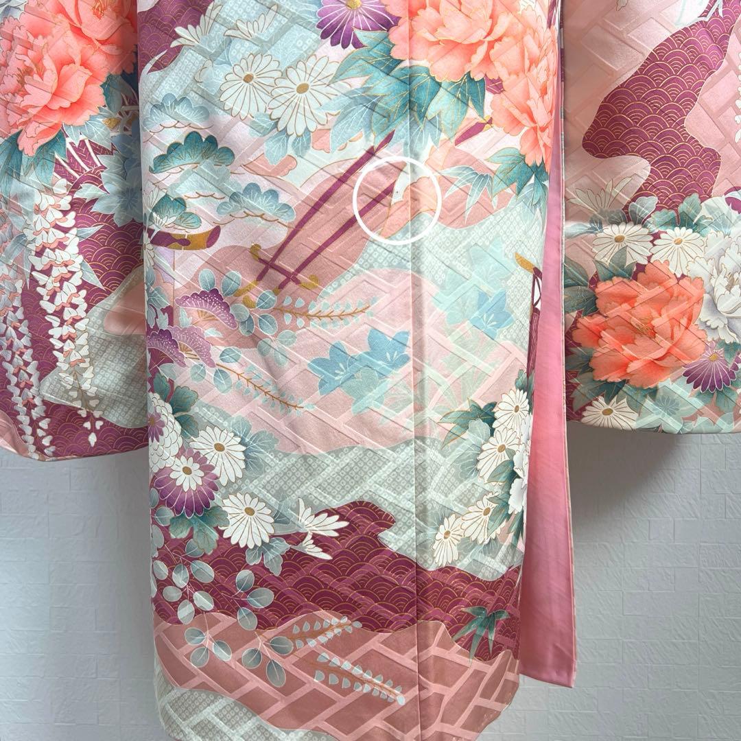 481 振袖フルセット 正絹 薄ピンク 薄桃 金彩 華やか 御所車 藤 牡丹 梅