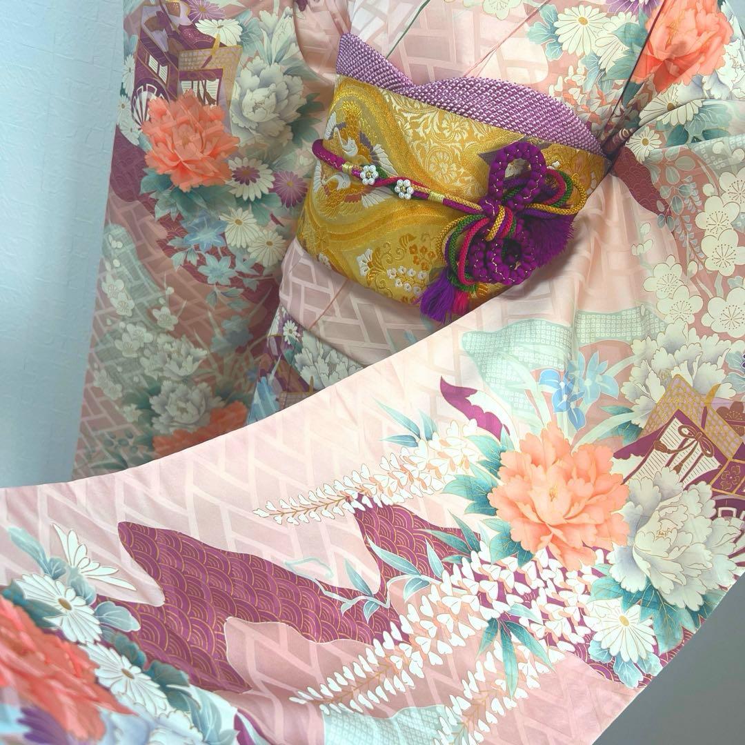 481 振袖フルセット 正絹 薄ピンク 薄桃 金彩 華やか 御所車 藤 牡丹 梅