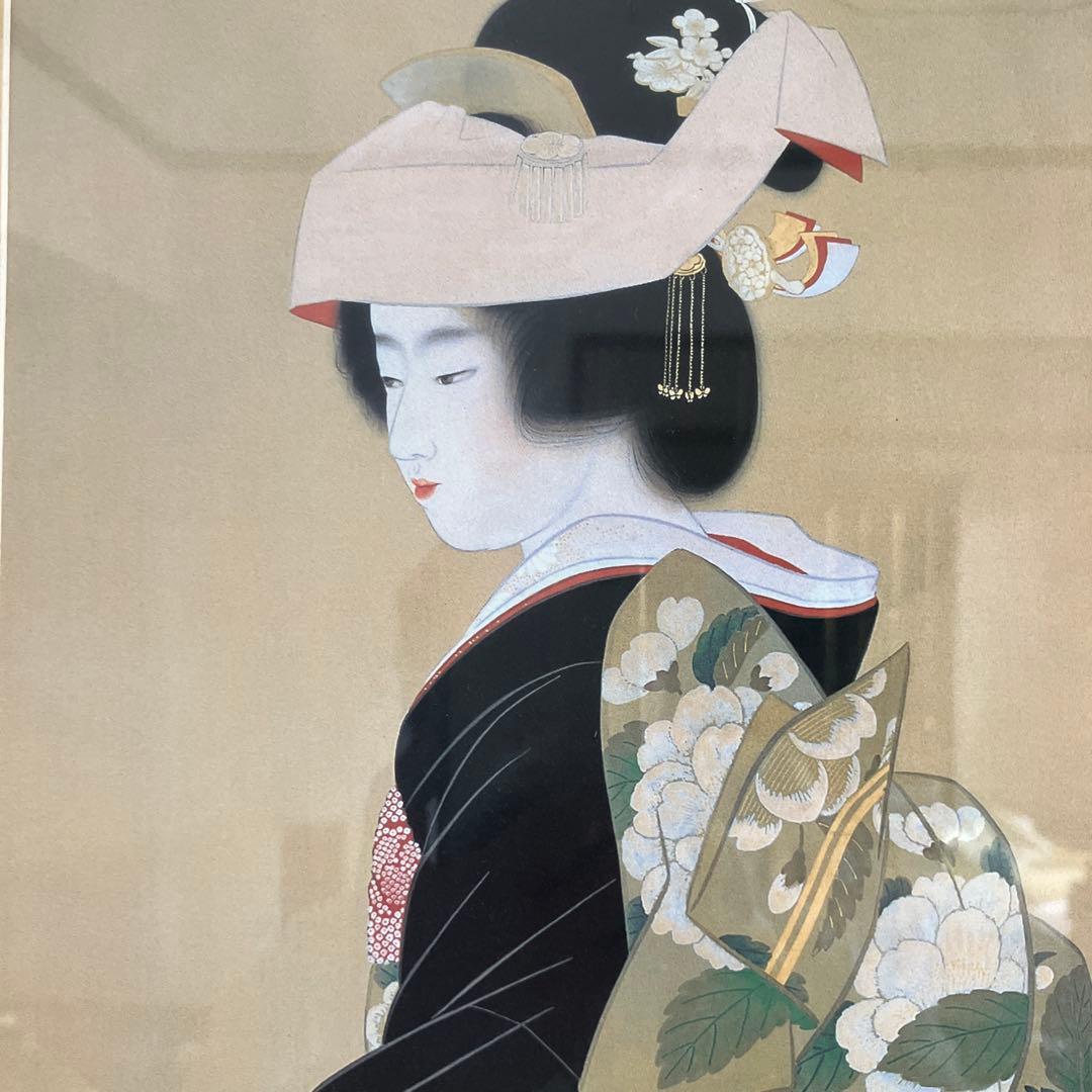 日本画 女性の肖像 木製フレーム付き