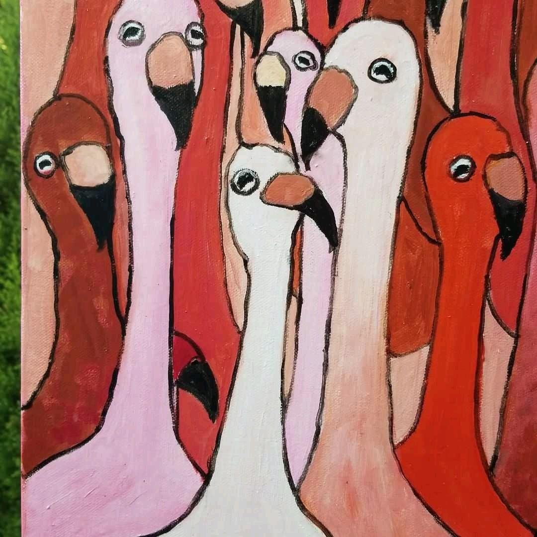 油絵　マミ　仲良く集まる首の長い鳥たち　密は楽し