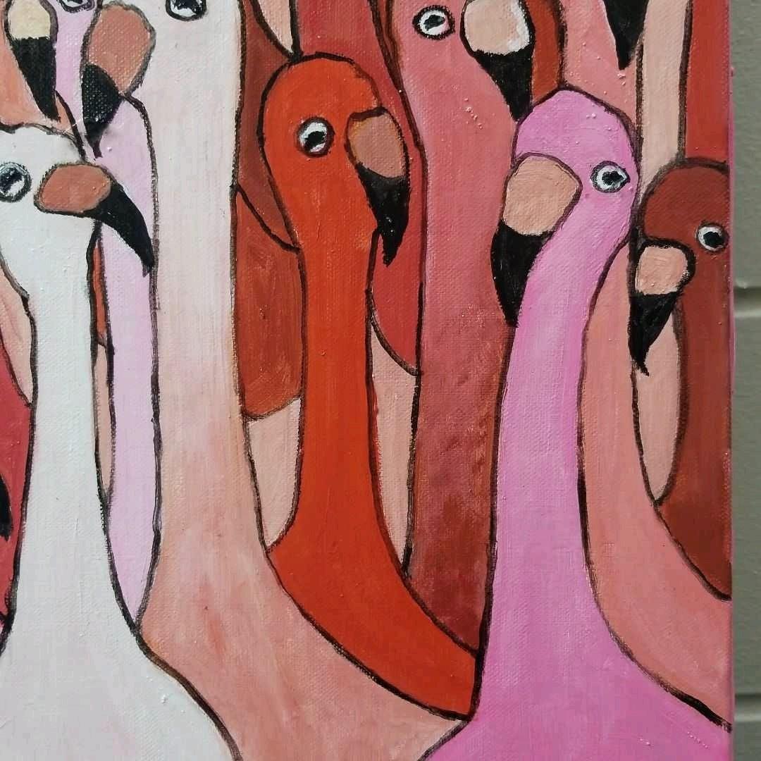 油絵　マミ　仲良く集まる首の長い鳥たち　密は楽し