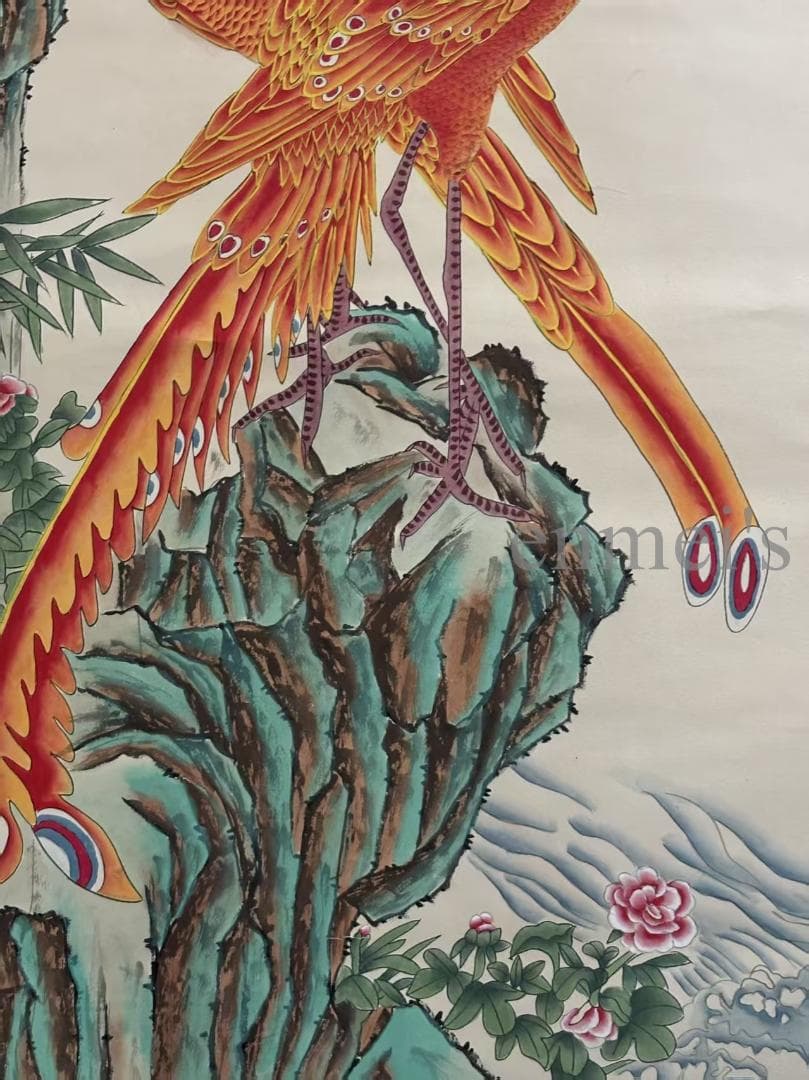 中国古美術 絹本手描き 張大千作款 鳳凰 水墨画 掛軸 四尺 古美味 中堂画