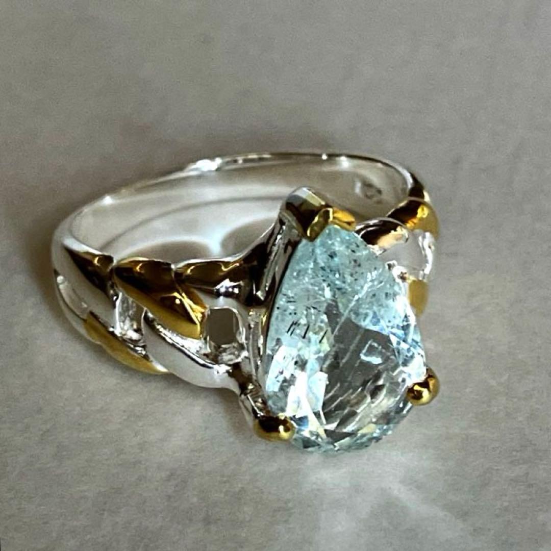 アクアマリン・ノットデザインリング・指輪シルバーK18金ゴールド匿名配送