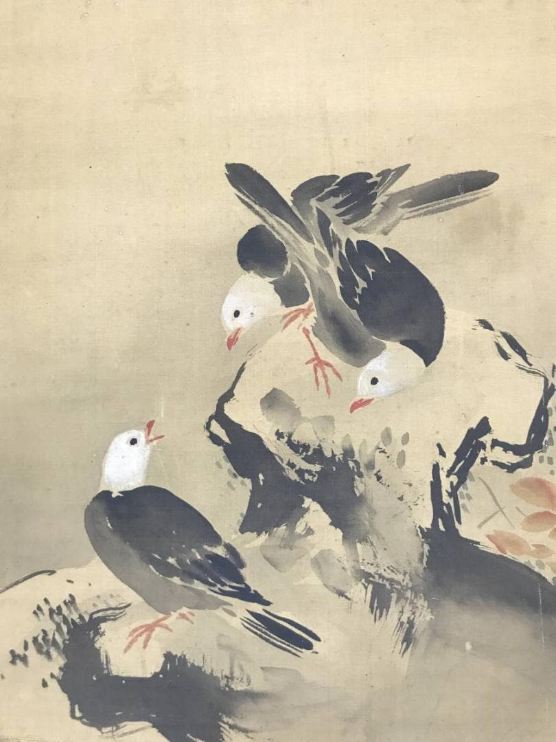 【真作】狩野古信/紅葉小禽図/花鳥図/横物/江戸中期/掛軸/名家伝来AC-409