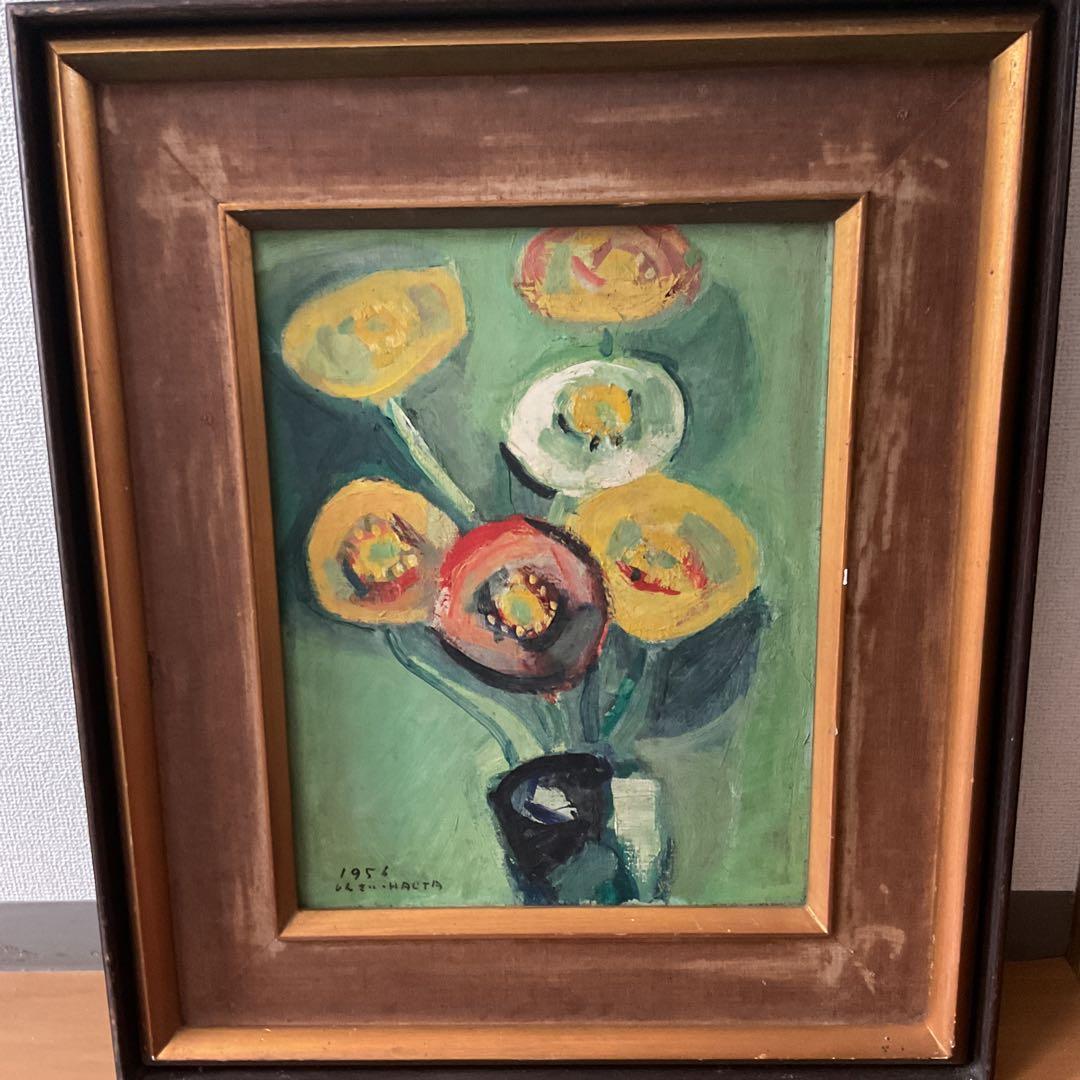 A nt i que☆love油彩画 1956年作 サイン在 木枠ガラス無