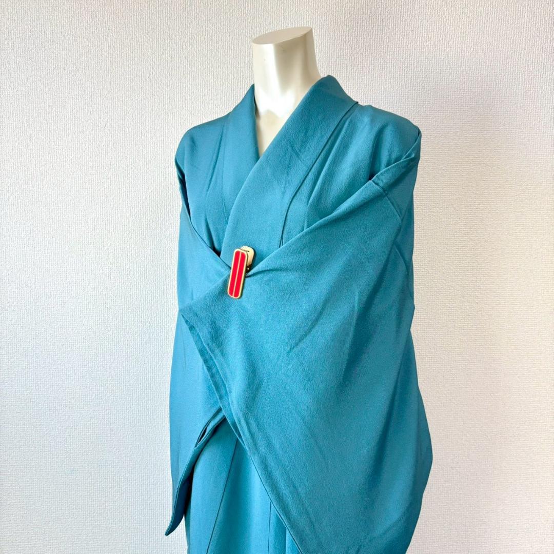 人気色 色無地 納戸色 一つ紋 正絹 広襟 袷 裄64 IS1062☆