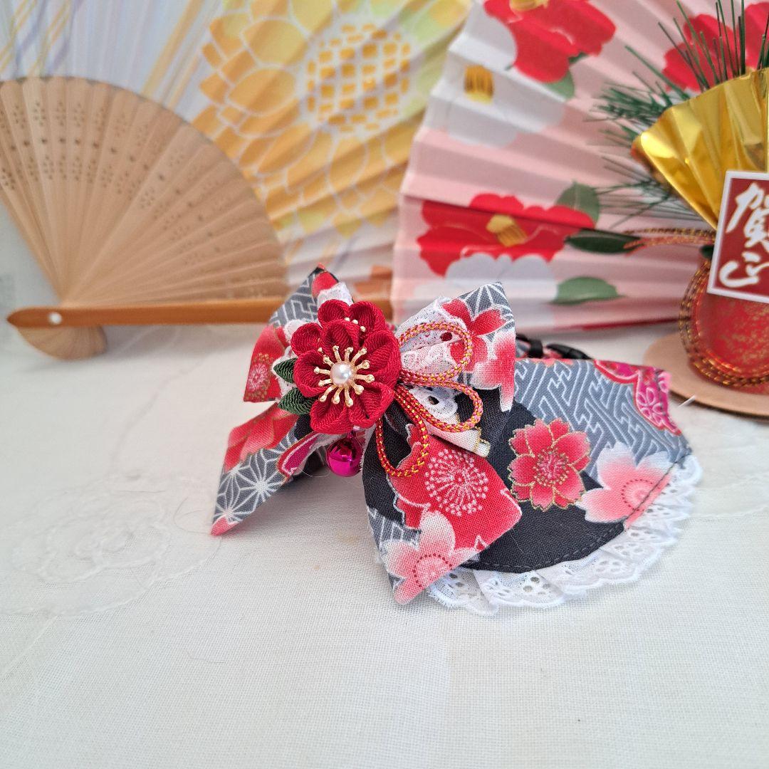 お正月仕様和風つまみ細工(黒③)わんちゃん猫ちゃん用襟つき首輪