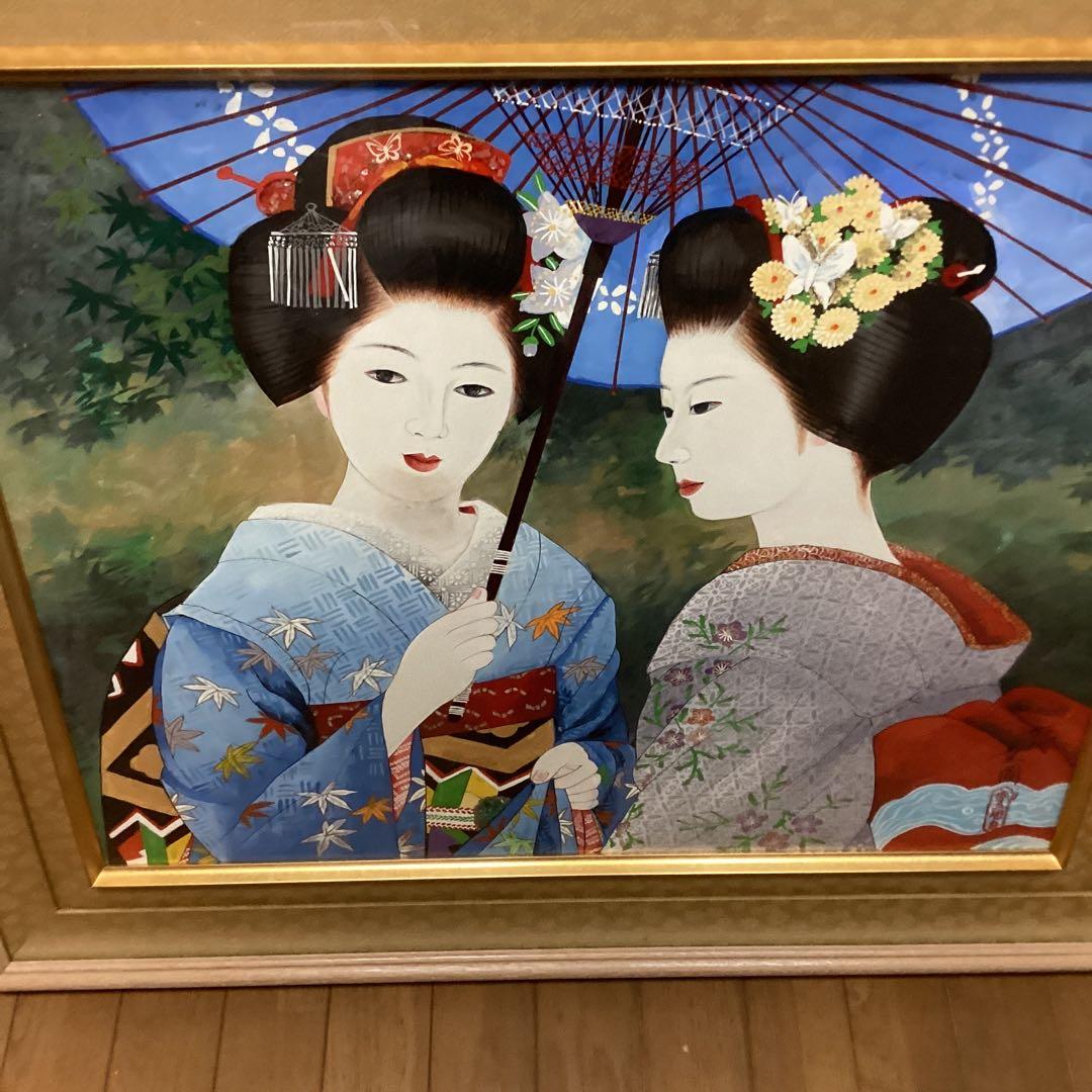 六代目歌川豊国作　　手描き　　日本画板画　題目　舞妓図　　額装仕立て