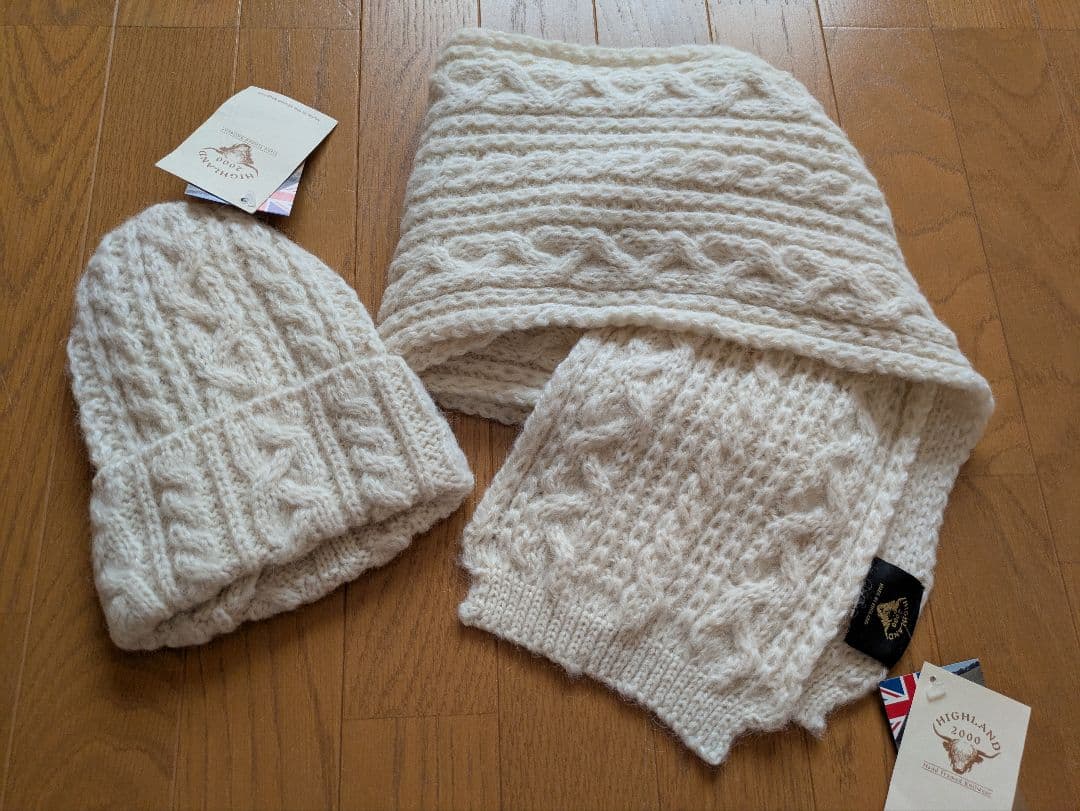 ハイランド2000★アルパカ混アラン編みニット帽＆マフラーセット未使用SHIPS