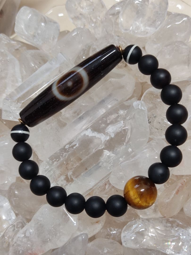 チベットジービーズ 西蔵天珠特殊龍三眼天珠(星)師珠タイガーアイズブレスレット