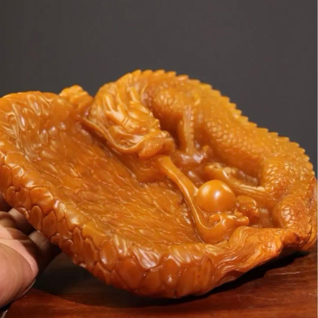 珍品 天然田黄石 水盂毛筆用 「龍騰盛世」 秋堂 作 彫刻 金龍文 文房具置物