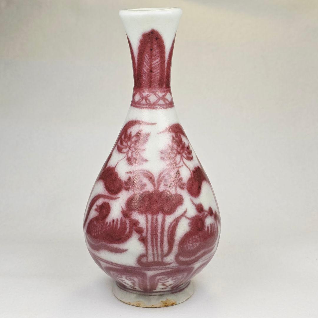 舶来品 中国古磁 返緑 釉裏紅 手絵鴛鴦戯水図 玉壺春 酒器 花瓶 置物 火石紅
