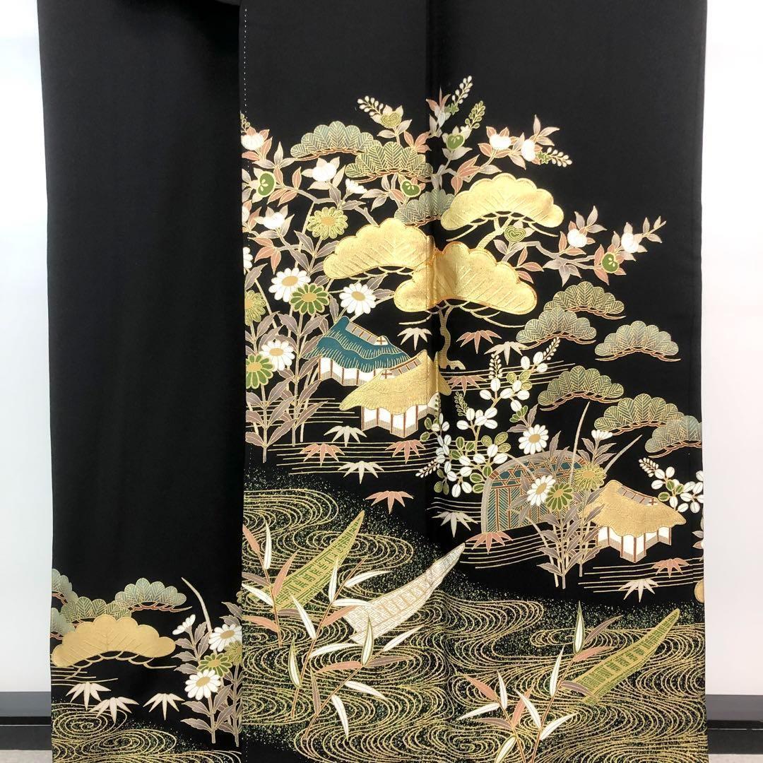MK-1339 黒留袖 流水 船 松 花模様 金駒刺繍 金彩 トールサイズ
