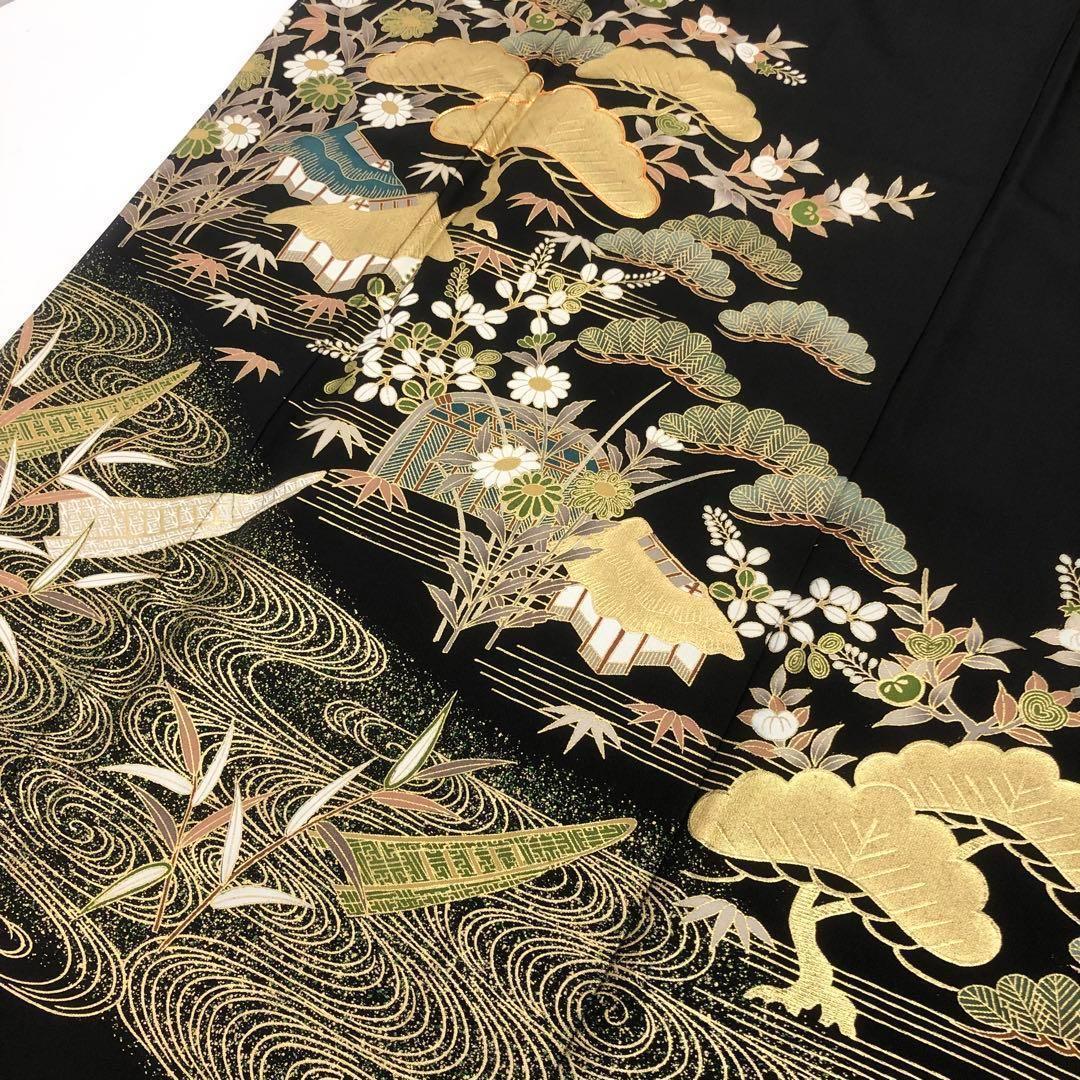 MK-1339 黒留袖 流水 船 松 花模様 金駒刺繍 金彩 トールサイズ