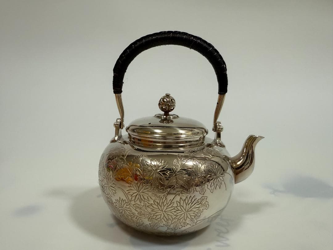 純銀製 花彫 湯沸 銀瓶 煎茶道具