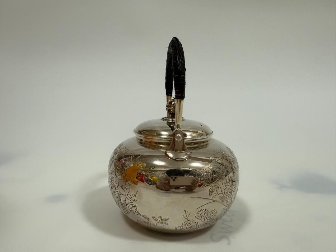 純銀製 花彫 湯沸 銀瓶 煎茶道具