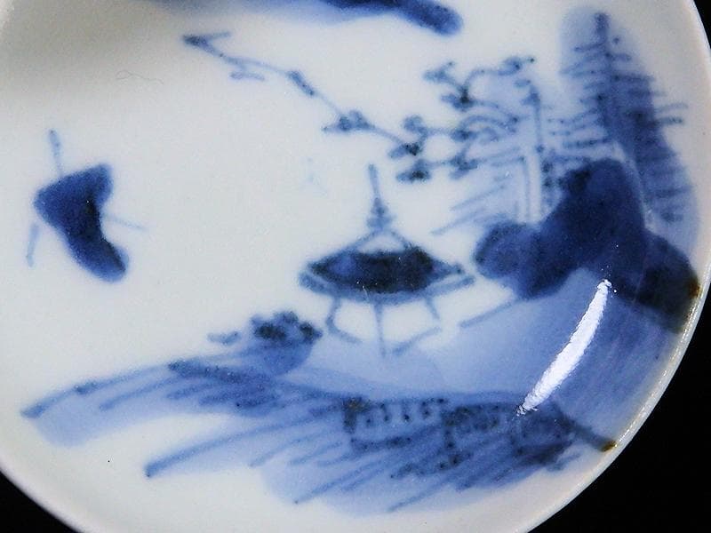 古伊万里　染付　東屋に山水の図　豆皿　A883AS-BWp