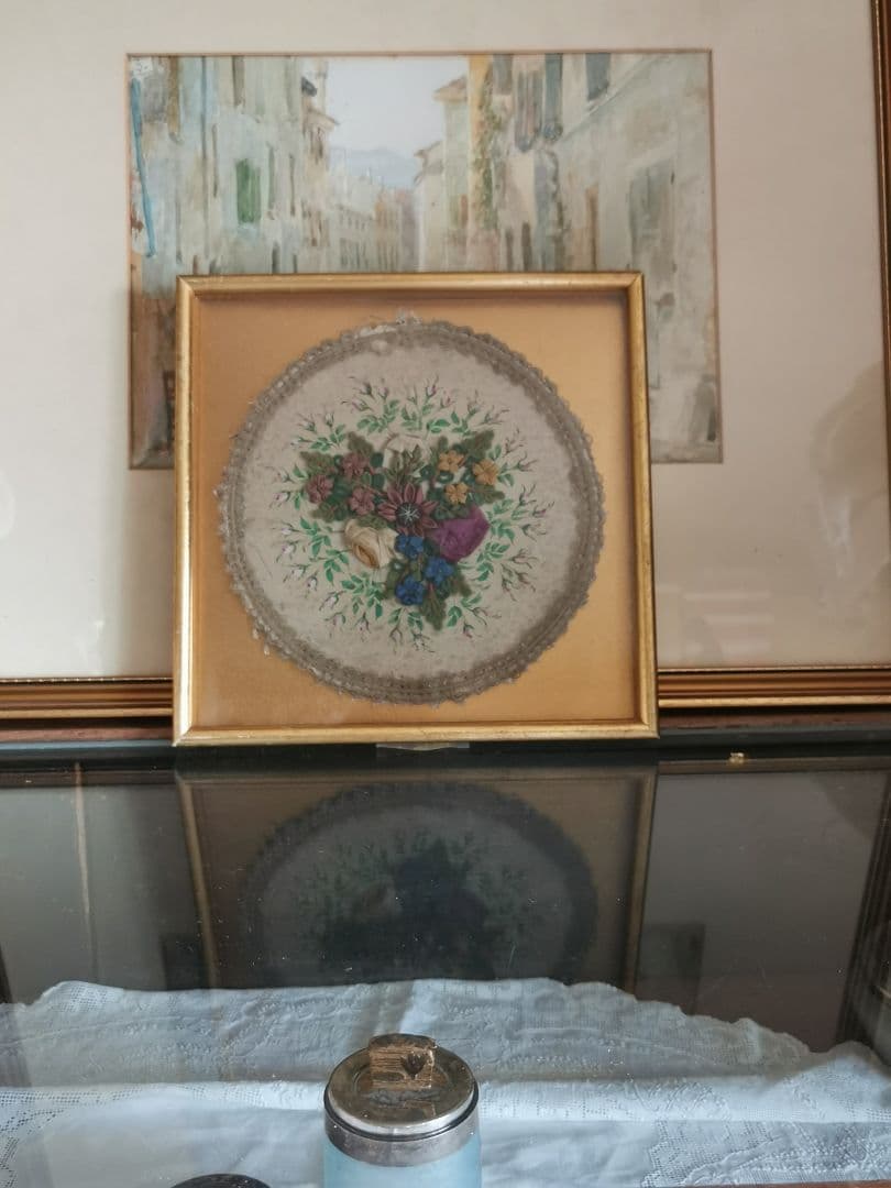 アンティーク シルクリボンアートフラワー＆手彩色ローズ ビーズレース＆金フレーム