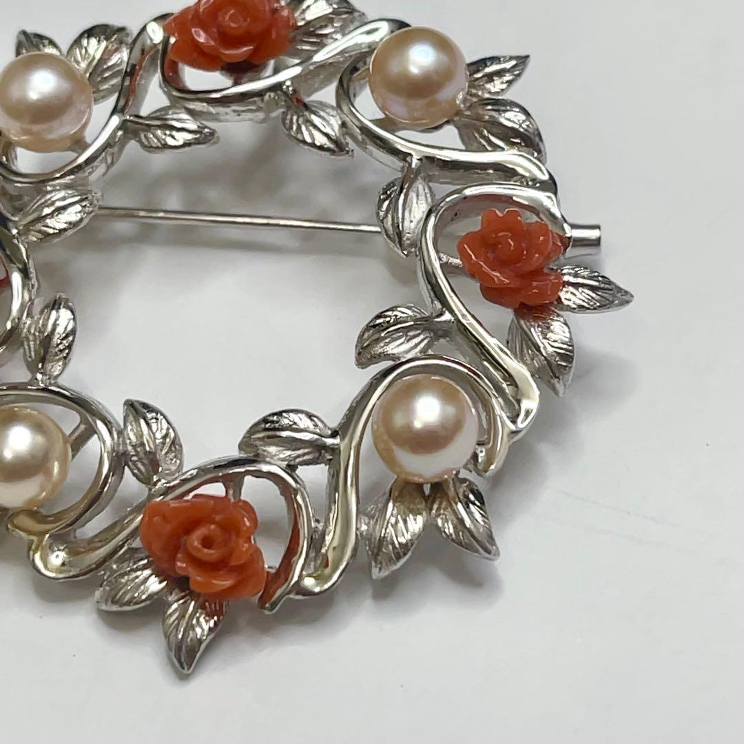 美品！アコヤ真珠×赤珊瑚 薔薇彫刻 シルバーブローチ＆ペンダントトップ 925