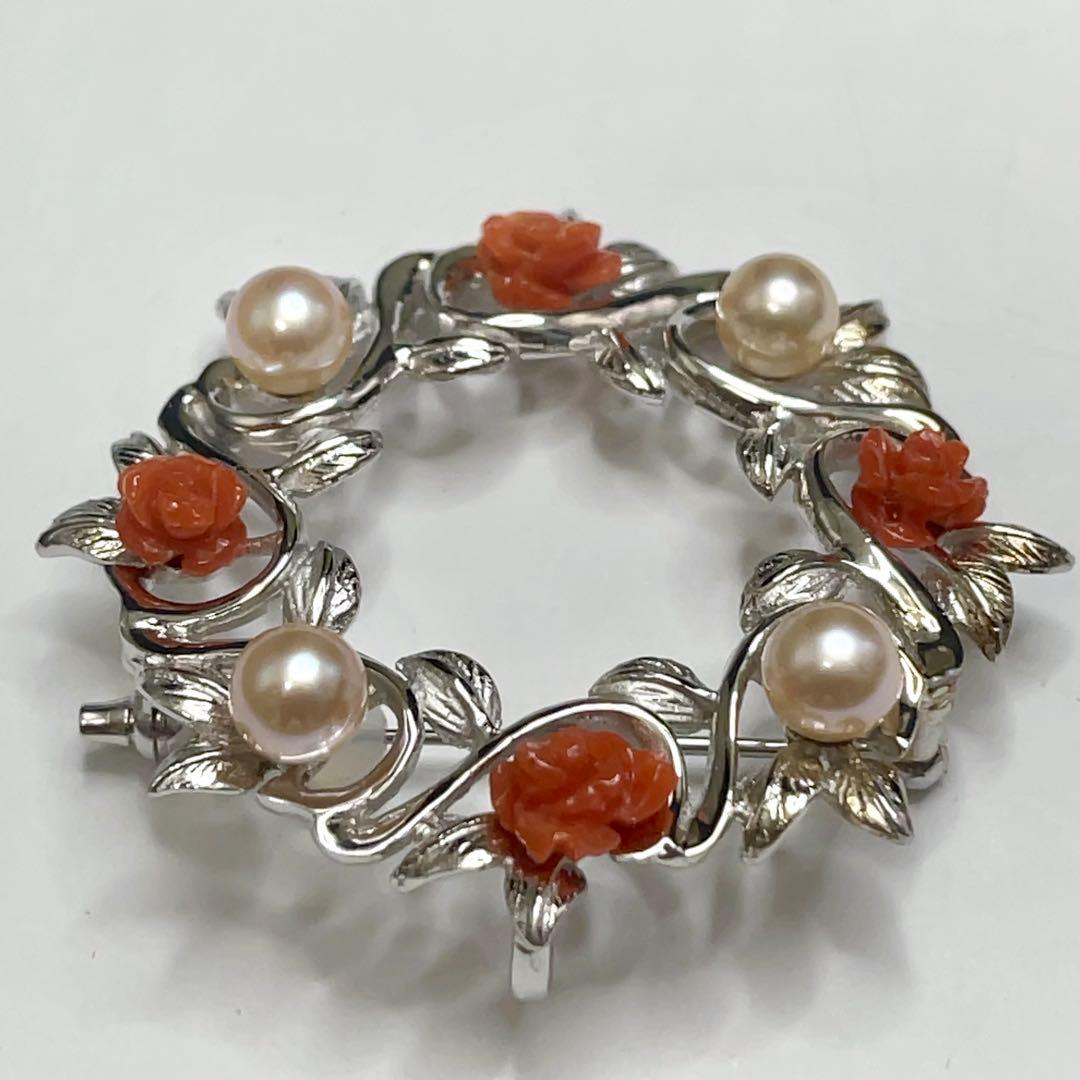 美品！アコヤ真珠×赤珊瑚 薔薇彫刻 シルバーブローチ＆ペンダントトップ 925